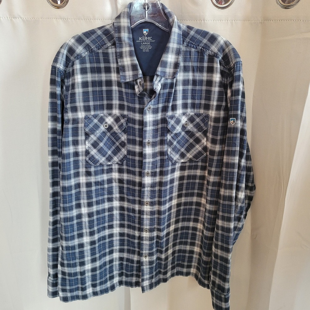 KUHL Men Button Up Plaid Shirt Large Tencel Gorpcore Outdoors Rugged Cabin 21805
